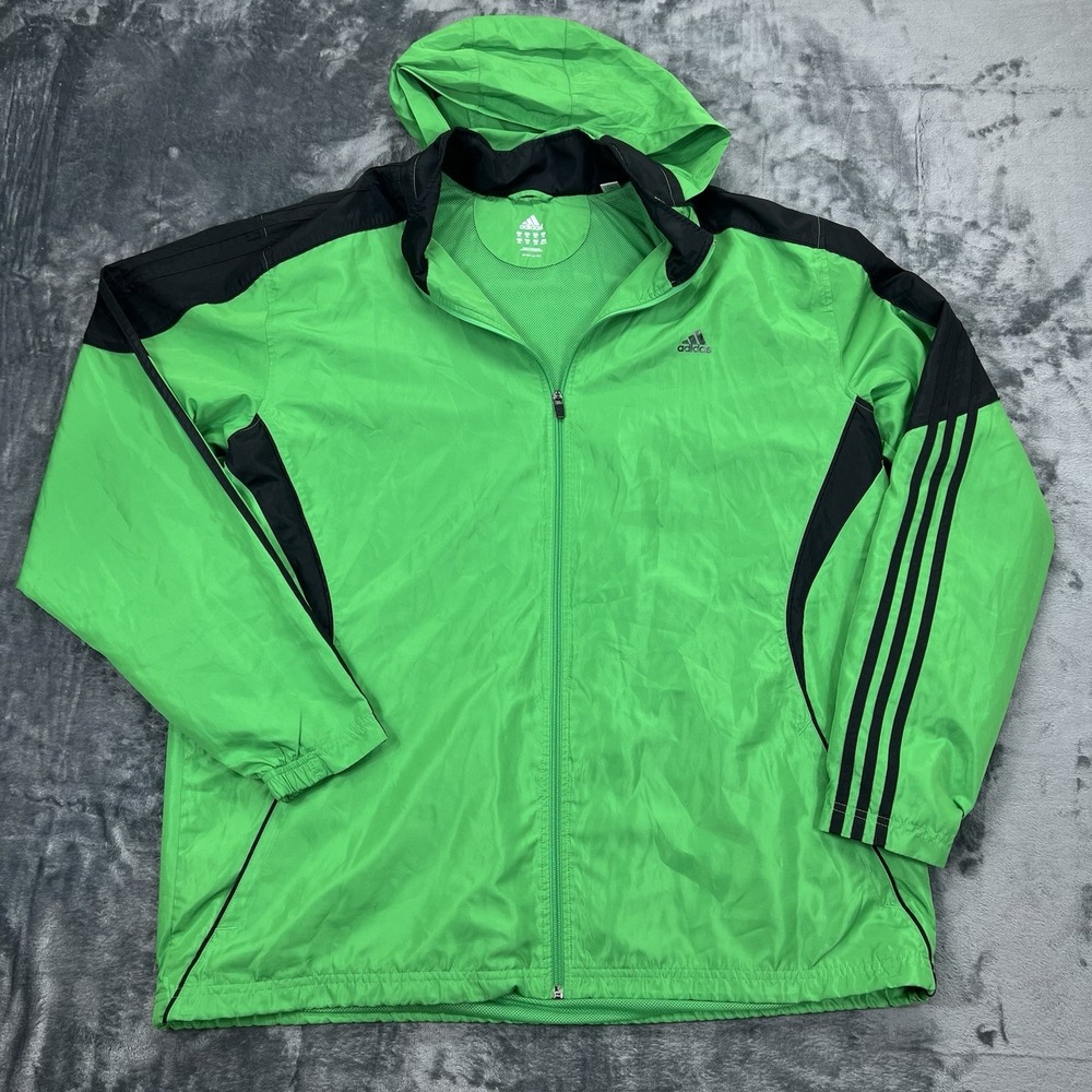 Adidas 2XL Windbreaker Jacket With Hood In Collar Green & Black Soccer Golf Coat - Picture 13 of 13